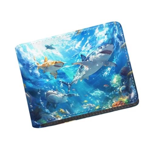 Image of Coldinair Sharks Bifold Wallet for Teen Kids Boys Ocean Leather Wallets Cool Wallet Man Rfid Blocking Zipper Wallets With Coin Pocket Id Window