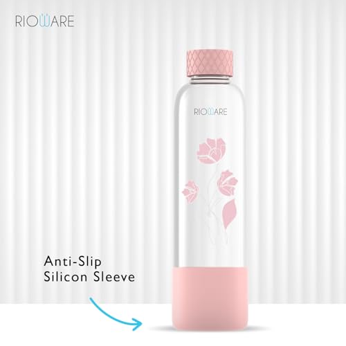 Image of Rioware Purifa Pro Borosilicate Glass Water Bottle With Silicon Sleeve (750Ml) | Airtight Lid | Leak Proof | Silicon Cap | Fridge Water Bottles For Home, Office & Gym -Pack Of 02(Pink)