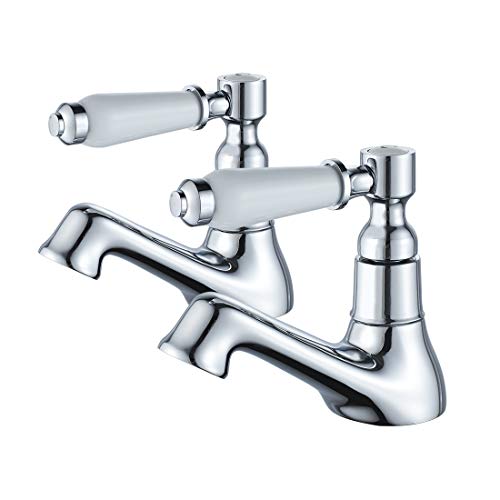 Luckyhome Traditional Basin Tap Pair,Twin 1/2" Hot and Cold Bathroom Pillar Tap with 2 Ceramic Handles,Chrome Brass