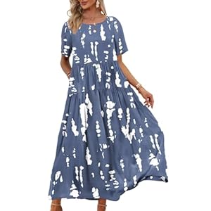 YESNO Damen Kleider Freizeit Lose Sommerkleid Lang Boho Maxikleid für Rundhals Strandkleid Blumenkleid EJFDE