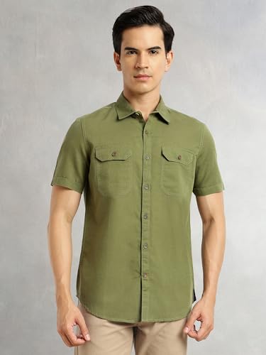 Image of Thomas Scott Men's | Solid | Half Sleeve | Slim Fit | Linen Blend | Double Flap Pocket | Spread Collar | Casual Shirt for Men