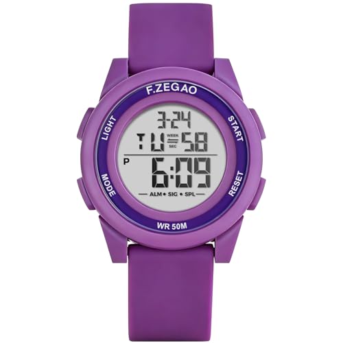 Montre numérique pour femme en silicone violet avec alarme