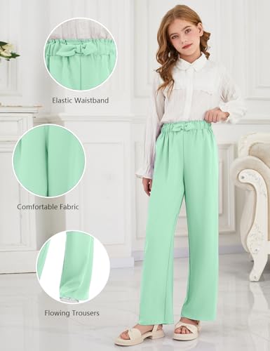 Image of Girls Wide Leg Palazzo Pant Loose Straight Cute Bow Waist Spring Summer Lightweight Dress Pant for Kids 5-14Y
