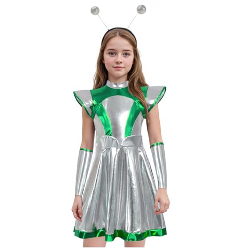 Disfraz de robot de astronauta para niña, disfraz de Halloween, fiesta, actuación, estilo judicial, juego de rol (verde, 7-8 años)