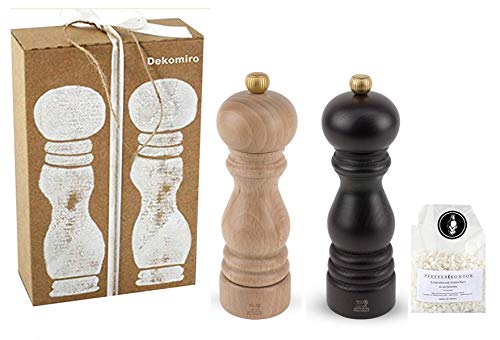 Dekomiro Peugeot Set Paris Pfeffermühle Schoko und Salzmühle Natur 18 cm Geschenkset mit 100 gr. Salz