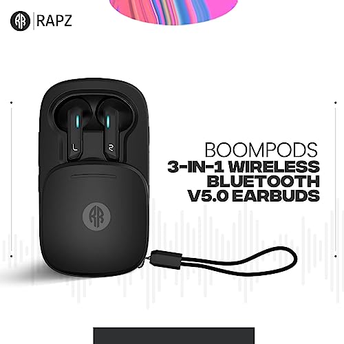 Image of Rapz BOOMPODS 3-in-1 Wireless Bluetooth v5.0 with 60 Hours Playtime with C-Type Fast Charging Port, Built-in LED Torch (Black)