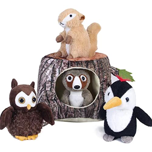 Image of Plush Toys Set Stuffed Animals, 5pcs Baby Jungle Plush Animals Toys Includes Woodland Woodpecker/Squirrel/Raccoon/Owl & A Treehouse, Stuffed Animal Themed Parties Gift for Kids Girls Boys