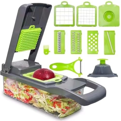 LSLCQW Vegetable Chopper: 16 in 1 Food Chopper - Onion Vegetable Slicer Cutter Dicer, Veggie Cutter with Container, 7 Blades, Kitchen Gadgets for Carrot Salad Garlic Potato Slicer (Grey)