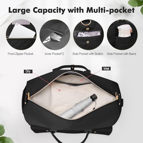 Wedama Weekender Bags for Women, Large Travel Duffel Bag with Shoe Compartment, Carry on Overnight Bag with Toiletry Makeup Bag, Gym Duffel Bag Travel Tote Bag for Travel Gym Camping Hospital, Black - Thumbnail 5