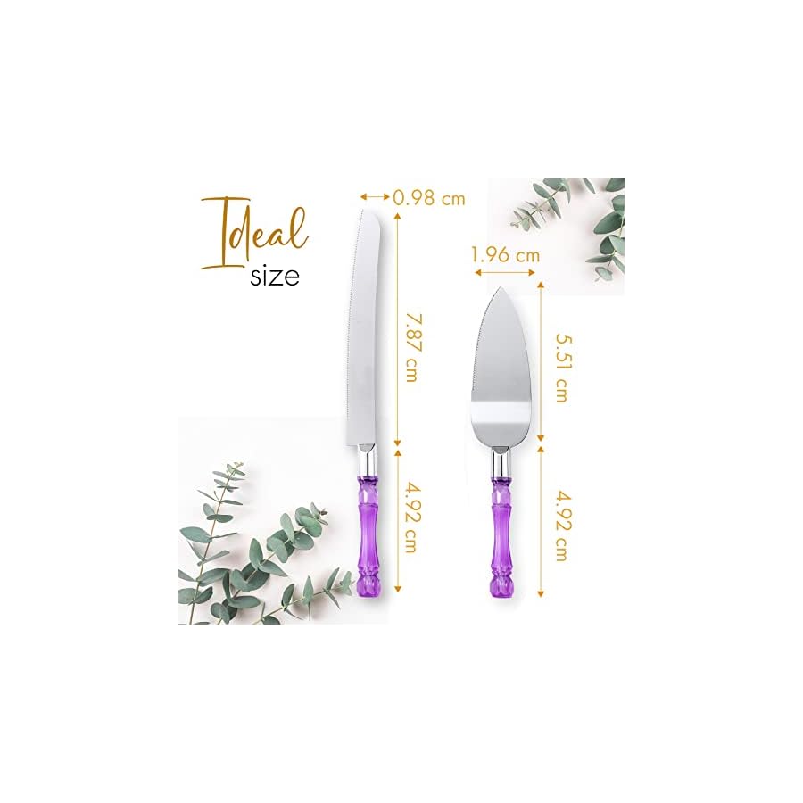 LUSHIG Cake Knife and Server Set, Cake Cutter and Pie Spatula, Cake Server and Knife Set with Acrylic Faux Crystal Handles, Cake Cutting Set for Wedding Cake, Birthdays, and Parties (Purple Silver)