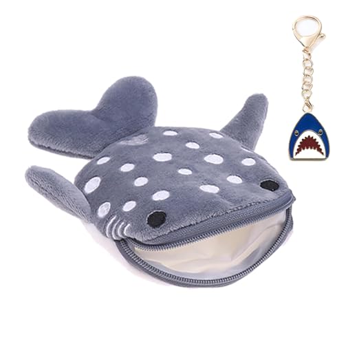 Shark Coin Purse Small Wallet for Women Cute Plush Cartoon Coin Pouch Cosmetic Items Bag for Headphones?coins?Banknotes and Lipstick (with Keychain shark) (grey)