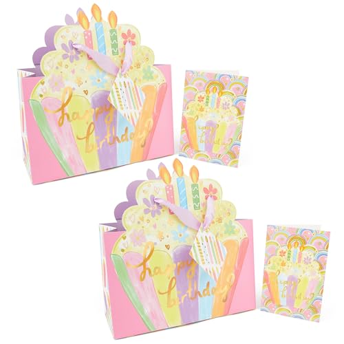 USEAMIE 2 Pcs Gift Bags with Greeting Cards, Watercolour “Happy Birthday” Stamping Design, Suitable For Women's or Men's Birthday Party, Girl's, Boy's or Children's Party -9.36"x3.9"x6.05"