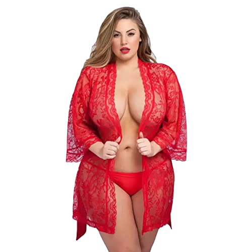 Image of Women's Net and Lace Solid Above Knee Babydoll Dress | Short Nighty Nightwear | Robe with Panty | Sexy Plus Size, Free Size S to XXL RED