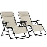 Outsunny Lot de 2 Bain de Soleil, Chaise Longue Pliante avec appuie tête en textilène, transat Jardin extérieur inclinable de Plage Camping Piscine terrasse, 90 x 65 x 112 cm, Beige