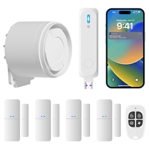 Wireless Home Alarm System 7-Piece Kit, WiFi Alarm System for Kids Safety, Home Security, Apartment, Door Window Alarm with Phone App Alert(130dB Alarm Siren, Remote, Door Sensors)