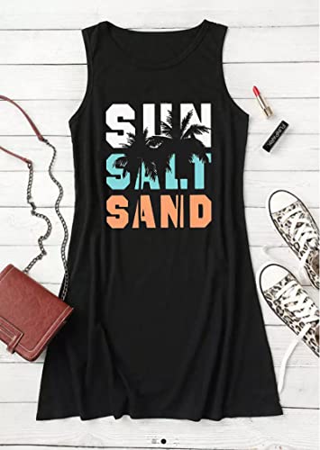 Image of Sun Salt Sand Coconut Tree Mini Dress Women Summer Sleeveless Vacation Tank Dress Beach Praty Shirts Dress