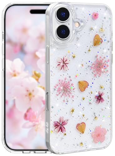Coque fleurie iPhone 16 transparente à paillettes style chic pour sortie et soirée