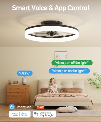 Smart Ceiling Fans with Light and Remote,20'' Low Profile Ceiling Fan with 6-Speed & Dimmable LED, Alexa/APP Home Voice Control, App, Reversible Airflow, App Timer, for Beedroom(Black)