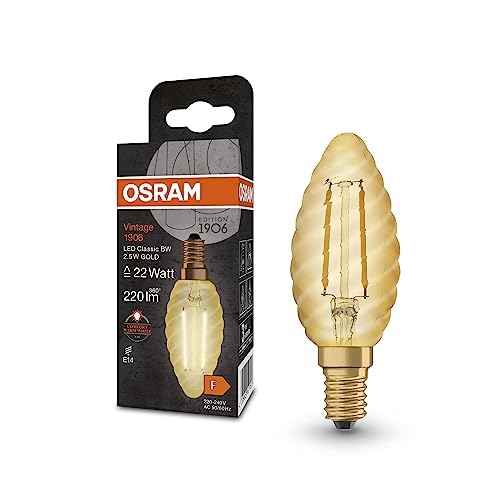 Osram Vintage 1906® Classic BW Fil LED lampe, E14, bougie torsadé, or, 2,5 W, 220lm, 2400k, couleur confort chaude, consommation très faible, durée de vie...