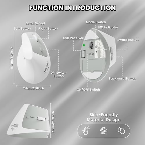 AJAZZ i300 Ratón Ergonómico Vertical Inalámbrico, 2,4GHz/BT, 84g de peso Ligero, Silent Clicks, ángulo Vertical de 57°, Reduce Muscle Strain, 1600DPI, Ratón de Oficina para Win/Mac/iPad/Laptop, Blanco - imagen 9