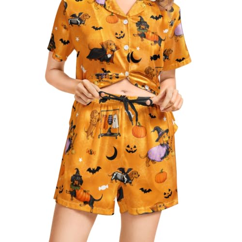 Image of Funny Pajamas for Women Set Print Satin Loungewear Pjs Short Sleeve Button Down Top and Shorts Sets Sleepwear XS-3XL