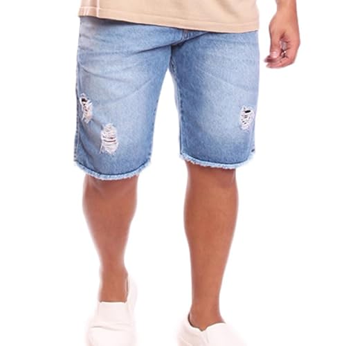 Bermuda masculina jeans rasgada desfiado lavada sky machada sem lycra Ref: 0013 (1, 38)