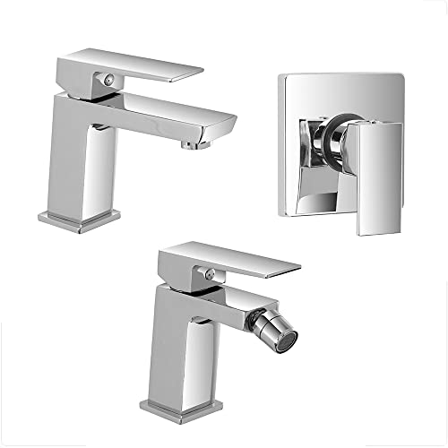 Set rubinetti miscelatori lavabo bidet e doccia incasso cromati, scarico click clack incluso, serie Kubo (Set Lavabo Bidet e Doccia incasso)