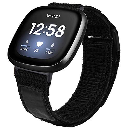 V-MORO Nylon Strap Compatible with Fitbit Versa 3 Bands/Fitbit Versa Sense Band Black Men Woman Soft Woven Loop Sports Replacement Band for Fitbit Sense/Versa 3 Black