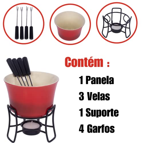 Conjunto Fondue Em Cerâmica Redondo 9 Peças 300ml Chocolate Queijo - 3 Velas (Vermelho)