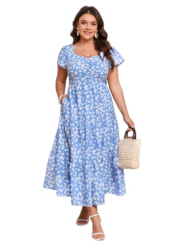 Image of KOJOOIN Women Plus Size Summer Dress Short Sleeve Casual Dress Floral Midi Dress Sweetheart Neck Ruffle Dress