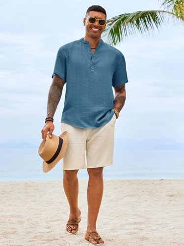 Image of Runcati Mens Casual Henley Shirt Short Sleeve Band Collar Textured Shirts Summer Beach Hippie T-Shirts