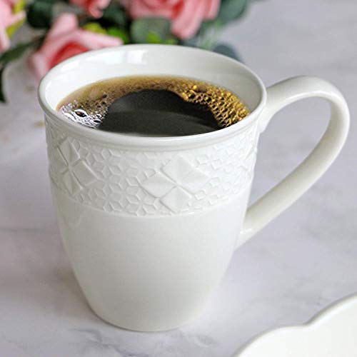 Elegant European Style Ceramic Coffee Mugs, Microwave And Dishwasher Safe, 16Oz Capacity, Four-Leaf Clover Collection In Ivory White, Set Of 4 #TOP23