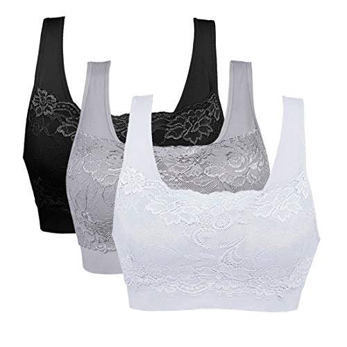 Vertvie Womens Strech Ohne Buegel Push up Yoga Sports BH Bra Top Set Fuer Fitnesstraining Polsterung 3er Pack(EU XL/Tag 2XL,Schwarz+Weiß+Hellgrau)