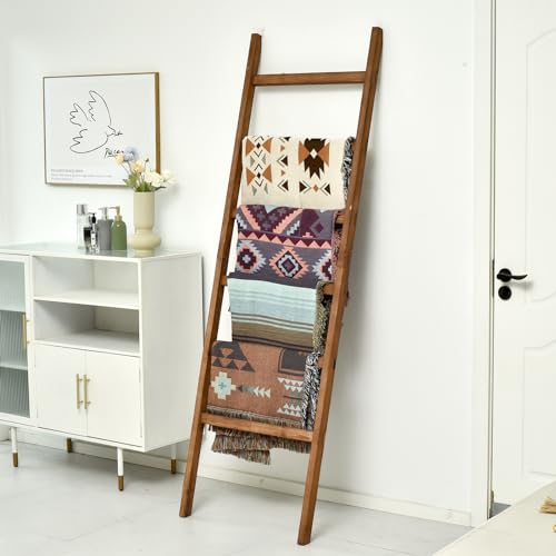FUIN 6.4ft Extra Wide Wooden Blanket Ladder Living Room Decorative Wal Leaning Farmhouse Quilt Display Holder Rustic Wood Towel Rack for Bathroom, Brown, 24 inch Wide by FUIN - Image 7