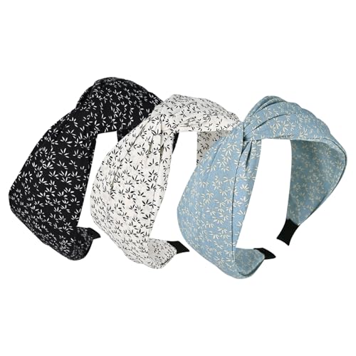 Yonchic 3-Piece Flower Print knotted Headbands for Women Black White Blue