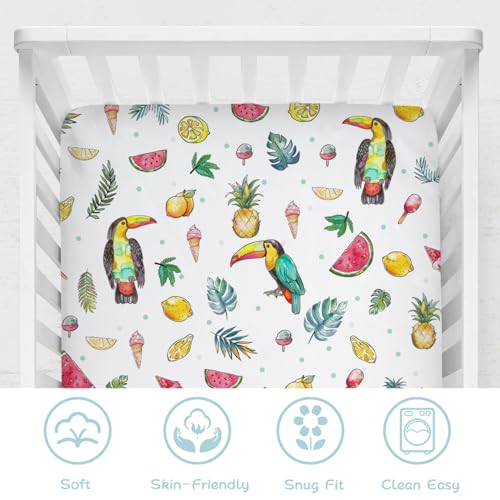 Image of Watercolor Summer Toucan Baby Crib Sheets 52''x28'' Lemon Pineapple Watermelon Tropical Leaves Snug Fitted Crib Mattress Sheet for Boy Girl Soft Nursery Bed Sheets for Standard Crib Toddler Mattress