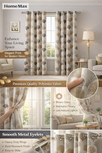 Image of HUTI 7 Feet Brown Door Curtain Set of 2 | Semi-Transparent Ginkgo Tree Printed Curtain | Soft Polyester Eyelet Curtains for Living Room & Bedroom 4x7 ft (120 x 213 cm) | Best for Home Decor