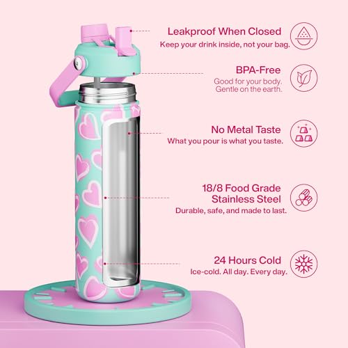 Image of ENCOOL Insulated Water Bottle with Straw Stainless Steel Water Bottle, Leak-Proof, BPA-Free, Keeps Cold for 24 Hours for Sports, Travel, School (26 oz, Sketch Hearts Violet x Mint)