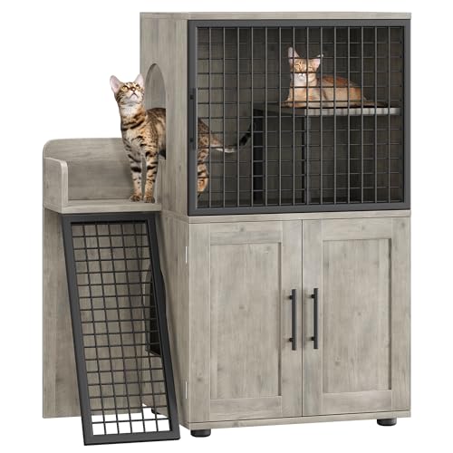 Stylish Enclosed Cat Litter Box Cabinet with Platform and Climbing Ladder, Multi-Functional Cat Litter Box House for Indoor Cats, 33.5" L x 17.9" W x 41.9" H, Grey - image 7