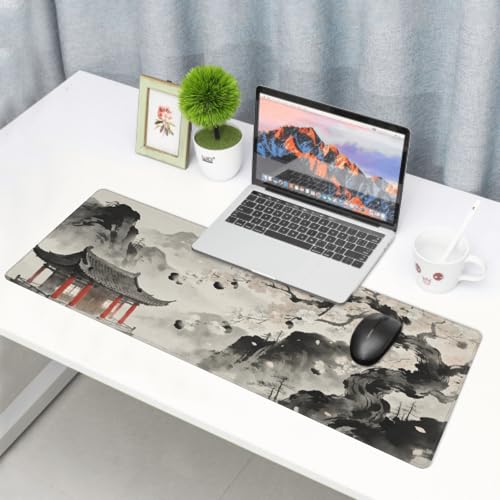 Image of Watercolor Painting Japanese Mouse Pad 31.5x11.8 XL Red Black Grey Cherry Blossoms Extended Large Mousepad Keyboard Mouse Mat Desk Pad with Non-Slip Rubber Base Stitched Edges for Home Office Game