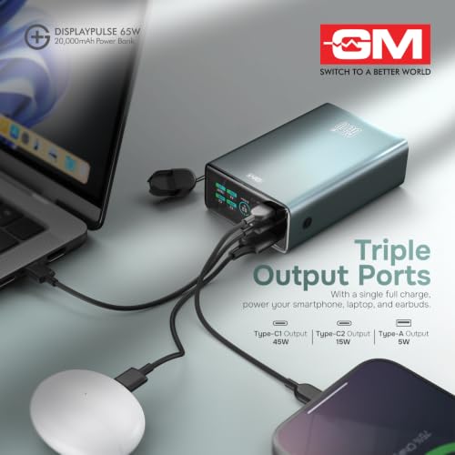 Image of GM G+ DisplayPulse 20000mAh 65W Power Bank | TFT Wattage Display for Ports | Temperature Monitor | 65W Laptop Charging, Phones, Tablets, Aluminium Body, Airline Safe, 1 Year Warranty (Midnight Teal)