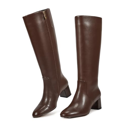 wetkiss Low Heel Knee High Boots for Women Regular Calf Friendly Side Zipper Almond Toe Faux Leather Comfortable Boots for Walking, Dancing, Standing for Long Periods With No Pain3