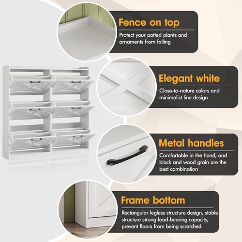 Image of Maupvit Large Shoe Storage Cabinet with 6 Flip Drawers, Freestanding Shoe Organizer with Metal Handles for Entryway, Narrow Shoe Rack Cabinet, White