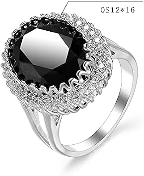 925 Sterling Silver Women'S Fashion Shiny Diamond Ring 3d Cut Oval Black Diamond Zircon Ring Romantic Cocktail Gem Ring Wedding Engagement Jewelry (O)