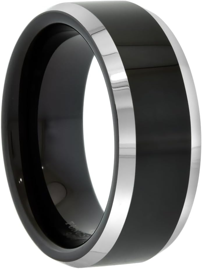 Tungsten Carbide 8 mm Flat Wedding Band Ring Two-tone Black Finish Beveled Edges sizes 7 to 14