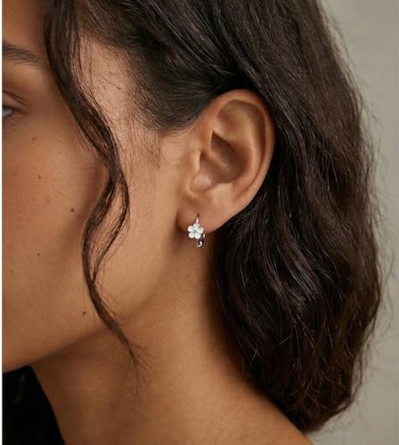 Image of Reffeer Solid 925 Sterling Silver Flower Hoop Earrings Huggie for Women Teen Girls Daisy Hoop Earrings Cartilage Helix Earrings
