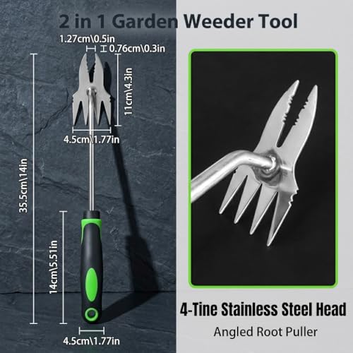 Image of ORTIZA Gardening Hand Weeder Soil Tool, 4-Tine Stainless Steel Manual Weed Remover Tool for Garden Lawn Yard, Gardening Tool Weed Puller for Removing Deep Roots, Dandelions & Weeds