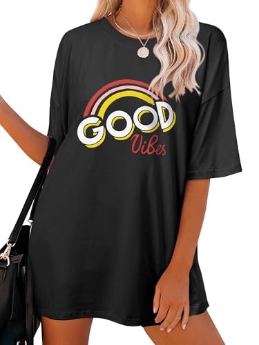 Dresswel Oversize T Shirt da donna Good Vibes con stampa arcobaleno, oversize, maglietta estiva a maniche corte, girocollo, lunga e larga, per adolescenti e ragazze, 1-nero, XL