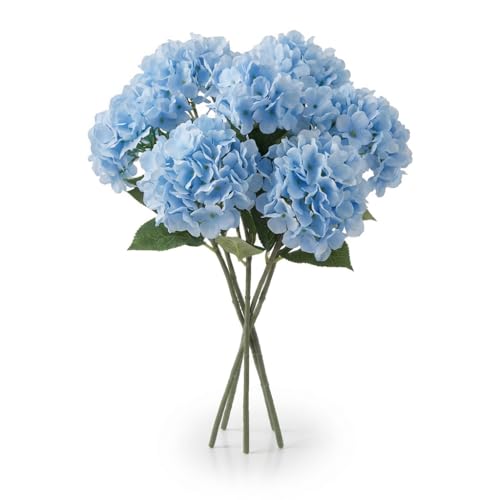 6 Artificial Hydrangea Silk Flowers Lifelike Texture Bendable Stem Fade Resistant Maintenance Free Multiple Colors for Wedding Party Home Office Decor Floral Arrangement Centerpiece (Blue)