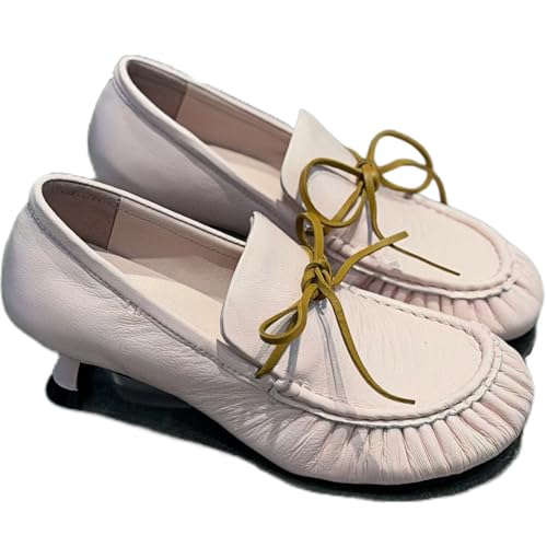 XU RI Happy Bird Chic Kitten Heel Loafers for Women | Slip On Closed-Toe with Bow Detail | Crinkled Patent Leather Dress Shoes | Summer & Spring 2026 Pink